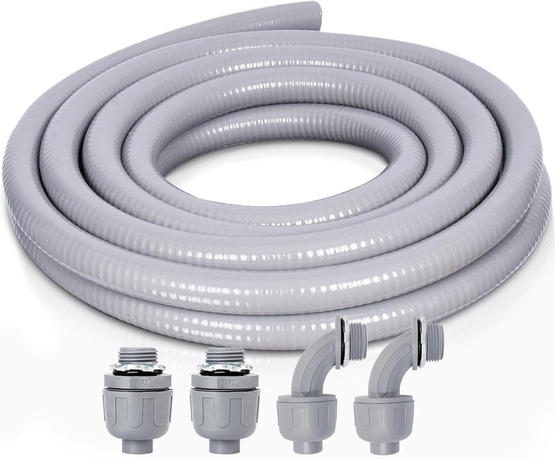 Feotech Liquid-Tight Conduit and Connector Kit - 1/2 Inch 15 FT Non Metallic Liquid Tight Electrical Conduit with 2 Straight and 2 Angle Fittings - Image 1